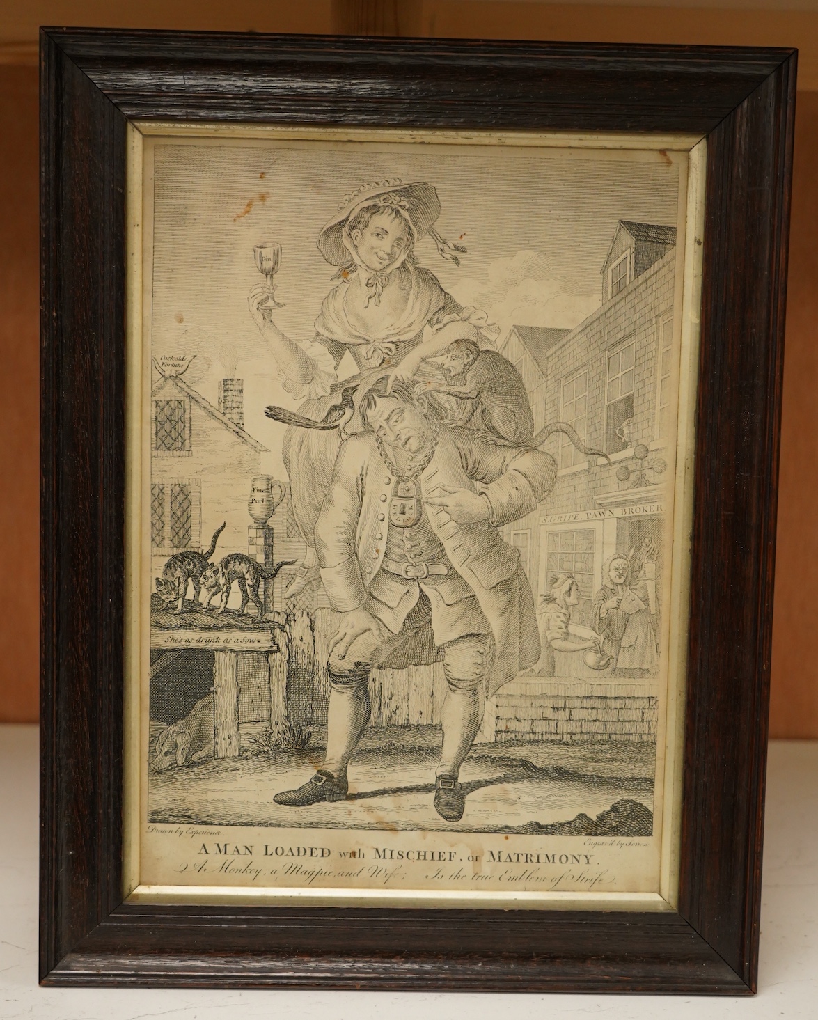 After William Hogarth (1697-1764), satirical print, 'A man loaded with mischief or matrimony', 34 x 23cm. Condition - poor to fair, staining commensurate with age